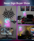 Neon Sign Buyer Show with pink and blue gaming-themed neon lights and modern gaming setups in dimly lit rooms