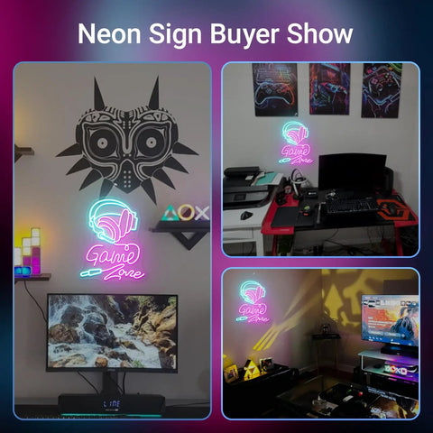 Neon Sign Buyer Show with pink and blue gaming-themed neon lights and modern gaming setups in dimly lit rooms