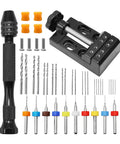 Kickass Micro Drill Kit With Sleek Pin Vise And Compact Bench Vise For Tough Wood Carving and Sweet Jewelry Crafting Using Heavy Duty Aluminum Tools, includes various drill bits and a small clamp.