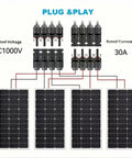 Diagram of Four Way Parallel Solar Panel Splitter Cable with M to F and F to M Connectors, 1000V and 30A rating for solar arrays.