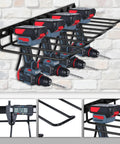 Power Tool Organizer Wall Mount and Drill Holder 2 Pack Black Steel Racks for Garage Holds Four Tools 80 Lb Capacity Easy Install with Screws Anchors Included, showcasing black steel racks holding drills against a brick wall.