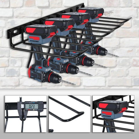 Power Tool Organizer Wall Mount and Drill Holder 2 Pack Black Steel Racks for Garage Holds Four Tools 80 Lb Capacity Easy Install with Screws Anchors Included, showcasing black steel racks holding drills against a brick wall.