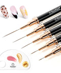 Liner Nail Art Brush Set of 5 with Palette Holder, showcasing 5mm to 25mm metallic brushes for long lines and fine details on nails.