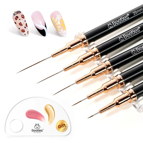Liner Nail Art Brush Set of 5 with Palette Holder, showcasing 5mm to 25mm metallic brushes for long lines and fine details on nails.