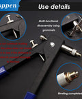 Rivet Nut Tool Kit With 4 Mandrels M5 M6 10-24 1/4-20 And 420 Rivet Nuts, Rugged Carrying Case, tool close-up with blue handles