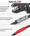 Illustration showing how to use Beefy 520 Piece Non Insulated Butt Connectors Kit For 26 To 8 Gauge Wires Tinned Copper Marine Grade Seamless Barrel Crimp Terminals For Fast Secure Wire Splices with step-by-step instructions using crimping tool.