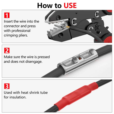 Illustration showing how to use Beefy 520 Piece Non Insulated Butt Connectors Kit For 26 To 8 Gauge Wires Tinned Copper Marine Grade Seamless Barrel Crimp Terminals For Fast Secure Wire Splices with step-by-step instructions using crimping tool.