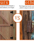 Comparison of black wrought iron rustproof hinge on barn gate vs rusty hinge on old wood, showcasing our 3.5 Inch Heavy Duty Gate Hinge Set.