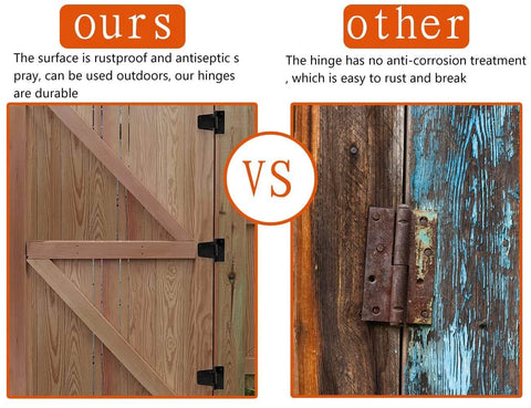 Comparison of black wrought iron rustproof hinge on barn gate vs rusty hinge on old wood, showcasing our 3.5 Inch Heavy Duty Gate Hinge Set.