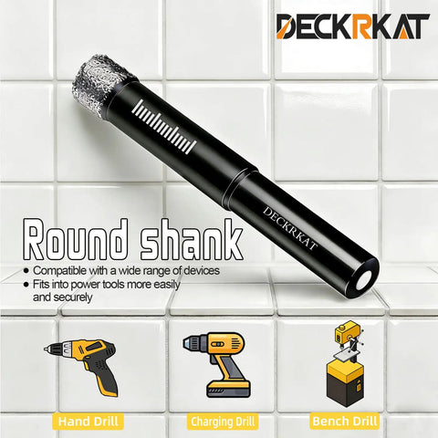 Ten Pack Dry Diamond Drill Bits With 6mm Diameter Quarter Inch Shank Vacuum Brazed hole saws, black round shank, on tiled surface.