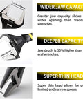 Infographic showing 10 Inch Adjustable Wrench with Ultra Thin Jaw and Wide Opening Up To 50mm, Black Oxide Finish, Drop Forged Cr-V.