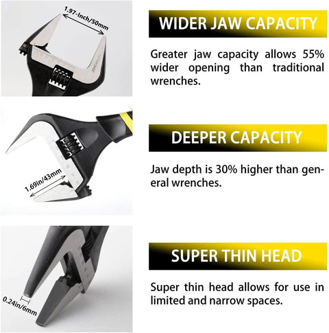 Infographic showing 10 Inch Adjustable Wrench with Ultra Thin Jaw and Wide Opening Up To 50mm, Black Oxide Finish, Drop Forged Cr-V.