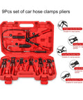 9-piece hose clamp pliers set in red case, steel tools with rubber handles for automotive repairs