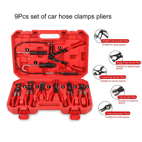 9-piece hose clamp pliers set in red case, steel tools with rubber handles for automotive repairs