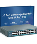 26-Port PoE Switch With 24 PoE And PoE Plus Ports And 2 Gigabit Uplink Ports, 400W, for rackmount networking, front view