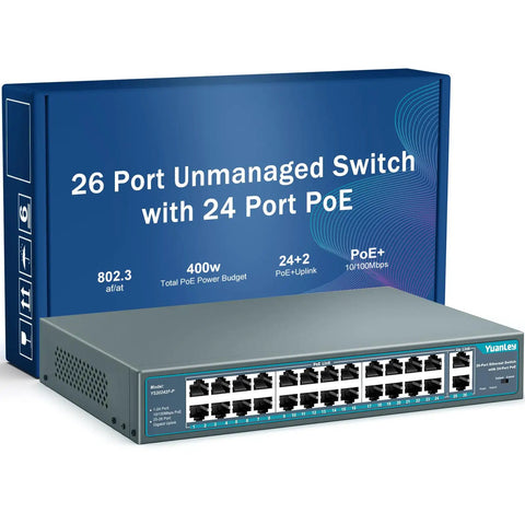 26-Port PoE Switch With 24 PoE And PoE Plus Ports And 2 Gigabit Uplink Ports, 400W, for rackmount networking, front view