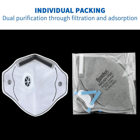 Front view of P95 Face Mask With Carbon Layer For Odor Reduction Exhalation Valve And Advanced Filtration For Oil Based Particles, packaged in a 10 pack.
