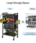 Power Tool Organizer Cart With Built In Charging Station And Eight Outlet Power Strip Four Tier Rolling Garage Tool Cart Heavy Duty Floor Standing Storage Rack Supports Up To 500 Lb Includes Drill Holder And Pegboard Hooks Built For Tough Jobs, front view with tools