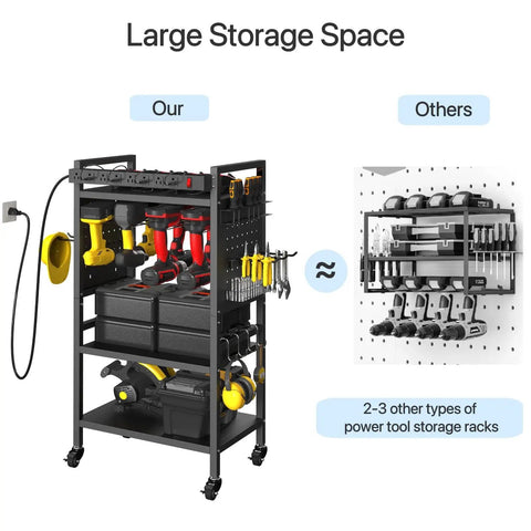 Power Tool Organizer Cart With Built In Charging Station And Eight Outlet Power Strip Four Tier Rolling Garage Tool Cart Heavy Duty Floor Standing Storage Rack Supports Up To 500 Lb Includes Drill Holder And Pegboard Hooks Built For Tough Jobs, front view with tools