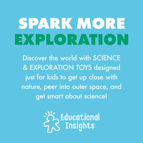 Educational Insights promo with text "Spark More Exploration" for science and exploration toys, light blue background.