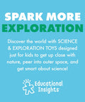 Blue poster with white and green text promoting science and exploration toys for kids by Educational Insights.
