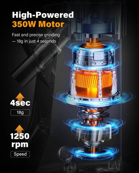 Illustration of 350W motor inside 64mm Burr Coffee Grinder For Home Barista Use With Commercial Grade Precision And 100 Grind Settings