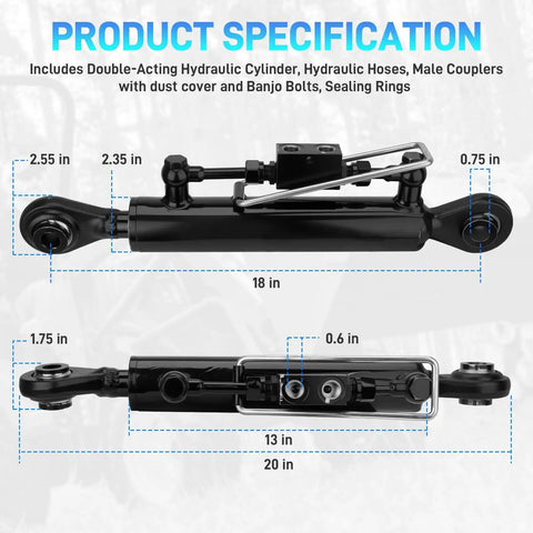 Hydraulic Top Link Class 1, Adjustable 18-1/8 To 26-3/8 Inches For Cat 1 Tractors, double-acting hydraulic cylinder specs.