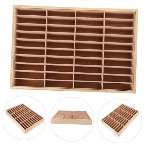 Totally Game Changing Wood Jewelry Tray With Plush Suede Grid Organization Board featuring 40 open spaces for rings and trinkets.