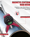 Pipe center finder tool with magnetic centering head, red Y-base and adjustable dial bubble protractor on metal pipe.