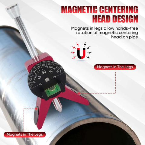 Pipe center finder tool with magnetic centering head, red Y-base and adjustable dial bubble protractor on metal pipe.