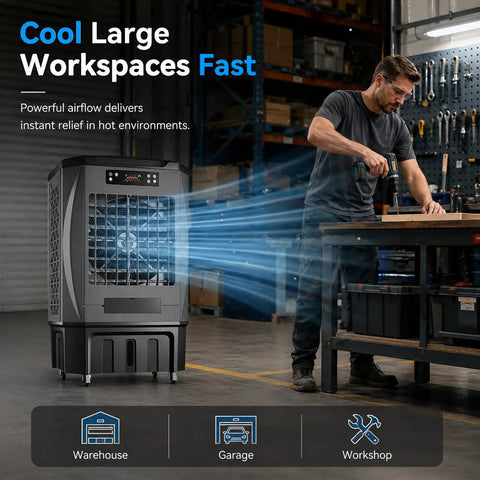 Heavy Duty Portable Evaporative Air Cooler With 9000 CFM Industrial Swamp Cooling And A 12 Gallon Tank cooling a workshop with strong airflow.