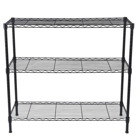 Built Like A Tank Triple Shelf Wire Rack With Sliding Height Adjustments Heavy Load Steel Storage Organizer For Garage Workloads Kitchen Storage And Home Tasks Black Finish, three-tier black steel shelving unit.