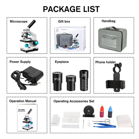 Monocular Compound Microscope Kit For Students And Adults With Dual LED Illumination, 40X To 2000X Magnification package contents