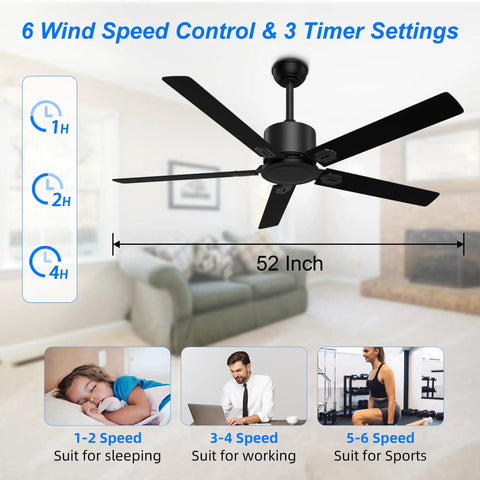 52 Inch Black Modern Ceiling Fan No Light With Five Blades Dual Finish Six Speed Quiet DC Motor in living room