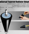 Front view of universal tapered radiator adapter, black conical body with blue seal; metal top, 4-5/16 tall, 5/8 base.