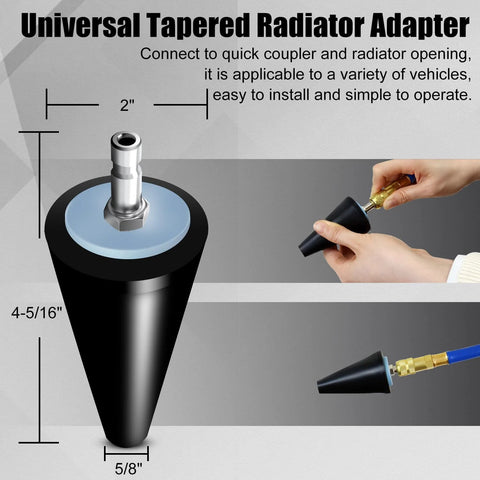 Front view of universal tapered radiator adapter, black conical body with blue seal; metal top, 4-5/16 tall, 5/8 base.