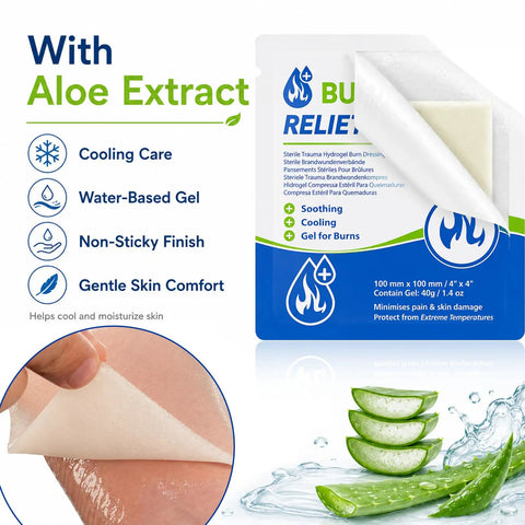 Burn Gel With Aloe For Minor Skin Wounds On The Go 40g Packet showing features like cooling, non-sticky, and soothing relief.