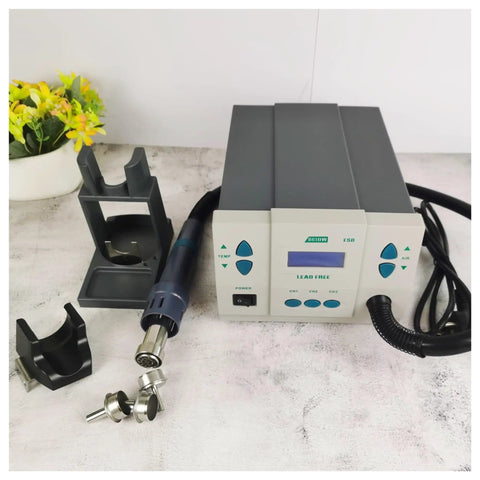 861DW 1000W Soldering Station With Hot Air Rework, replaceable nozzles, magnetic stand, temp display, shown with accessories.
