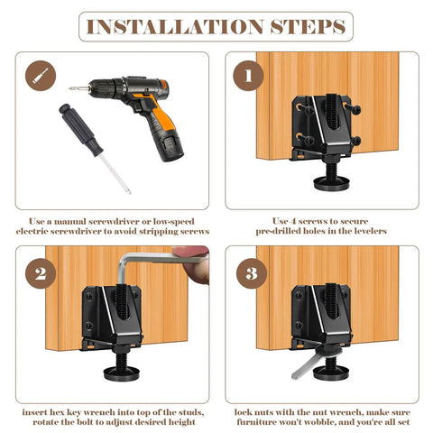 Installation steps for Heavy Duty Adjustable Furniture Levelers with tools and leveling system for stability and height adjustment.