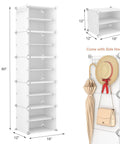 10 Tier Shoe Storage Cabinet With Door, Narrow Portable Organizer Rack For 20 Pairs, White Plastic Shoe Shelving With Hooks