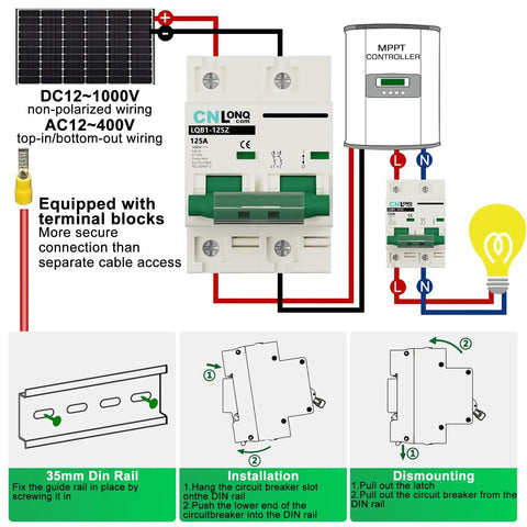 Heavy Duty Solar Disconnect Switch Rated For 125 Amps And 1000V DC with wiring and installation instructions image.