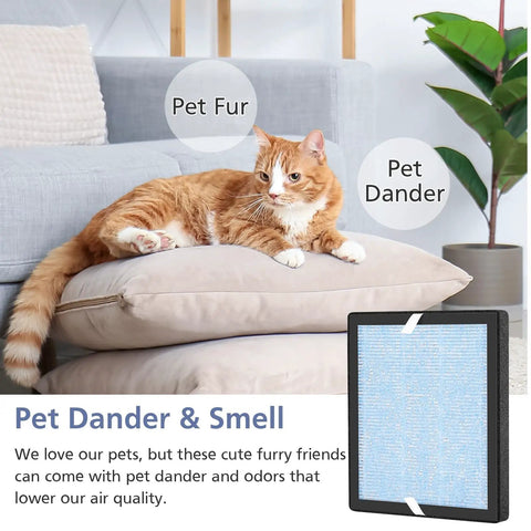 Three In One Replacement Filter For Air Purifiers Compatible With YIOU And Elechomes P1801 P1802 next to cat on cushions