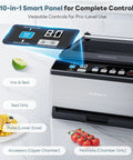 Beelicious Pro vacuum sealer, front view; stainless steel body with blue-lit 10-in-1 control panel