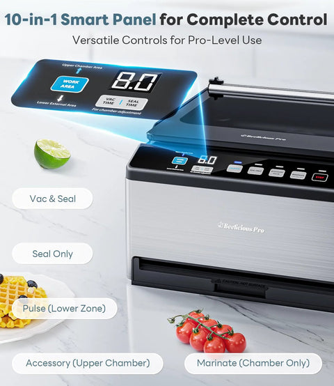 Beelicious Pro vacuum sealer, front view; stainless steel body with blue-lit 10-in-1 control panel