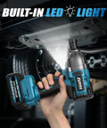 Cordless Half Inch Impact Wrench With 1600 Newton Meters Torque Brushless High Torque Pro Grade Power Tool 21V 3800 RPM Includes Two 4Ah Batteries Great For Cars Trucks RVs And Mowers in use under vehicle with built-in LED light.