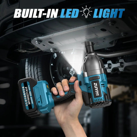 Cordless Half Inch Impact Wrench With 1600 Newton Meters Torque Brushless High Torque Pro Grade Power Tool 21V 3800 RPM Includes Two 4Ah Batteries Great For Cars Trucks RVs And Mowers in use under vehicle with built-in LED light.