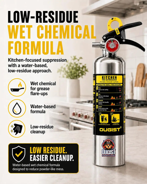 Class K Kitchen Fire Extinguisher Built For Fast Grease Cooking Flare Ups, Two Pack Of 34 Fl Oz Wet Chemical Sprayers, low-residue formula.