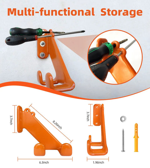 Heavy Duty Chainsaw Hanger Wall Mount 2 Pack For Garage Organization, orange steel rack with dimensions and screws for mounting.
