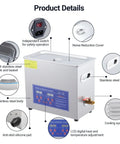 Diagram of Six Point Five Liter Digital Ultrasonic Cleaner With Timer And Heater 40kHz 180W Pro Grade Cleaning System components.
