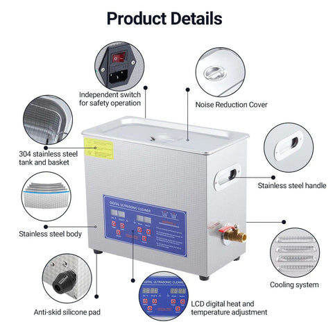 Diagram of Six Point Five Liter Digital Ultrasonic Cleaner With Timer And Heater 40kHz 180W Pro Grade Cleaning System components.